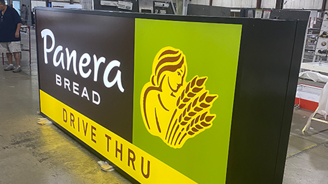 Panera Bread Drive-Thru Building Sign laying on factory floor getting ready for shipment
