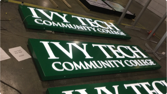 Ivy Tech Community College Building Sign laying on factory floor getting ready for shipment